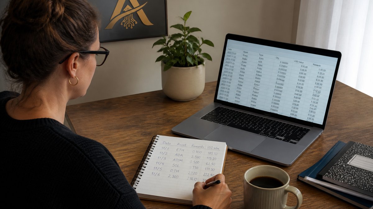 Process diagram for tracking staking rewards using spreadsheets and handwritten transaction logs