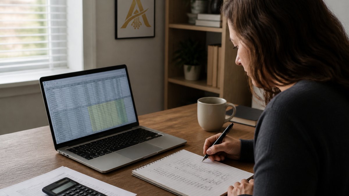A small business owner at a desk with a laptop showing a spreadsheet, a notepad with handwritten figures, and a coffee cup, working through tax numbers in a quiet home office