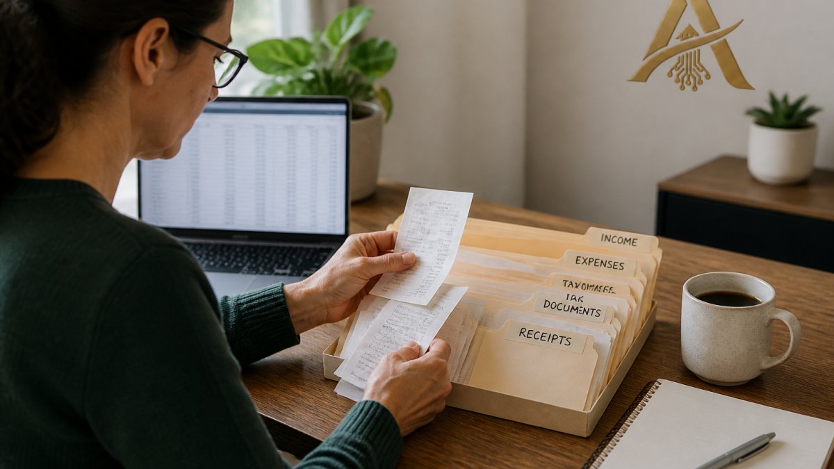 A small business owner at a tidy desk sorting paper receipts into labeled folders next to an open laptop showing a spreadsheet, with a cup of coffee and a notebook nearby