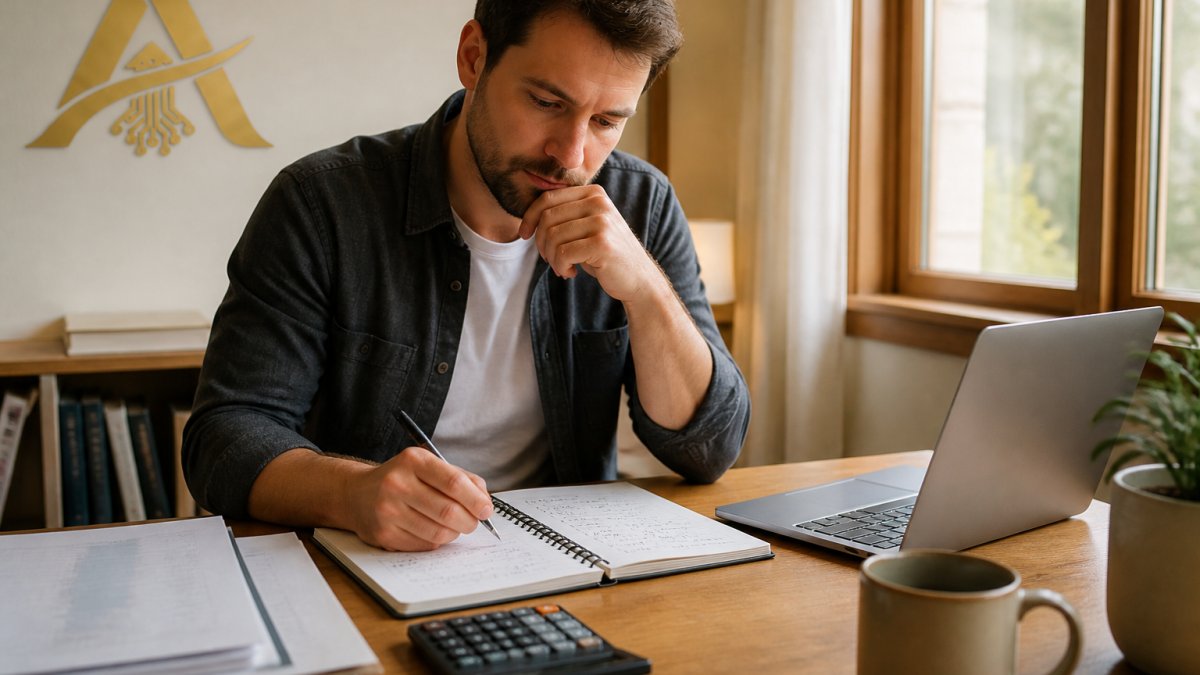 A consultant at a home desk reviewing a notebook of quarterly income figures next to a laptop and calculator, warm natural light